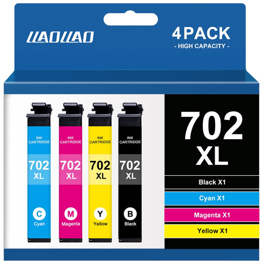 702XL Ink Cartridge for Epson Ink 702 T702 XL for Workforce Pro WF-3720 WF-3730 WF-3733 Printer (4 Pack)