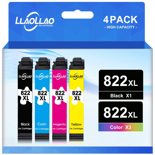 822XL Ink Cartridge for Epson 822 Ink Cartridge for Epson Workforce Pro WF-4830 WF-4820 WF-3820 WF-4833 WF-4834 Printer (Black Cyan Magenta Yellow, 4-Pack)